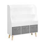 Kids Bookshelf with 3 Fabric Storage Bins, White Wooden Book Display Organizer for Toddlers and Children, Front-Facing Book Rack with Pine Legs for Playroom, Nursery, or Bedroom