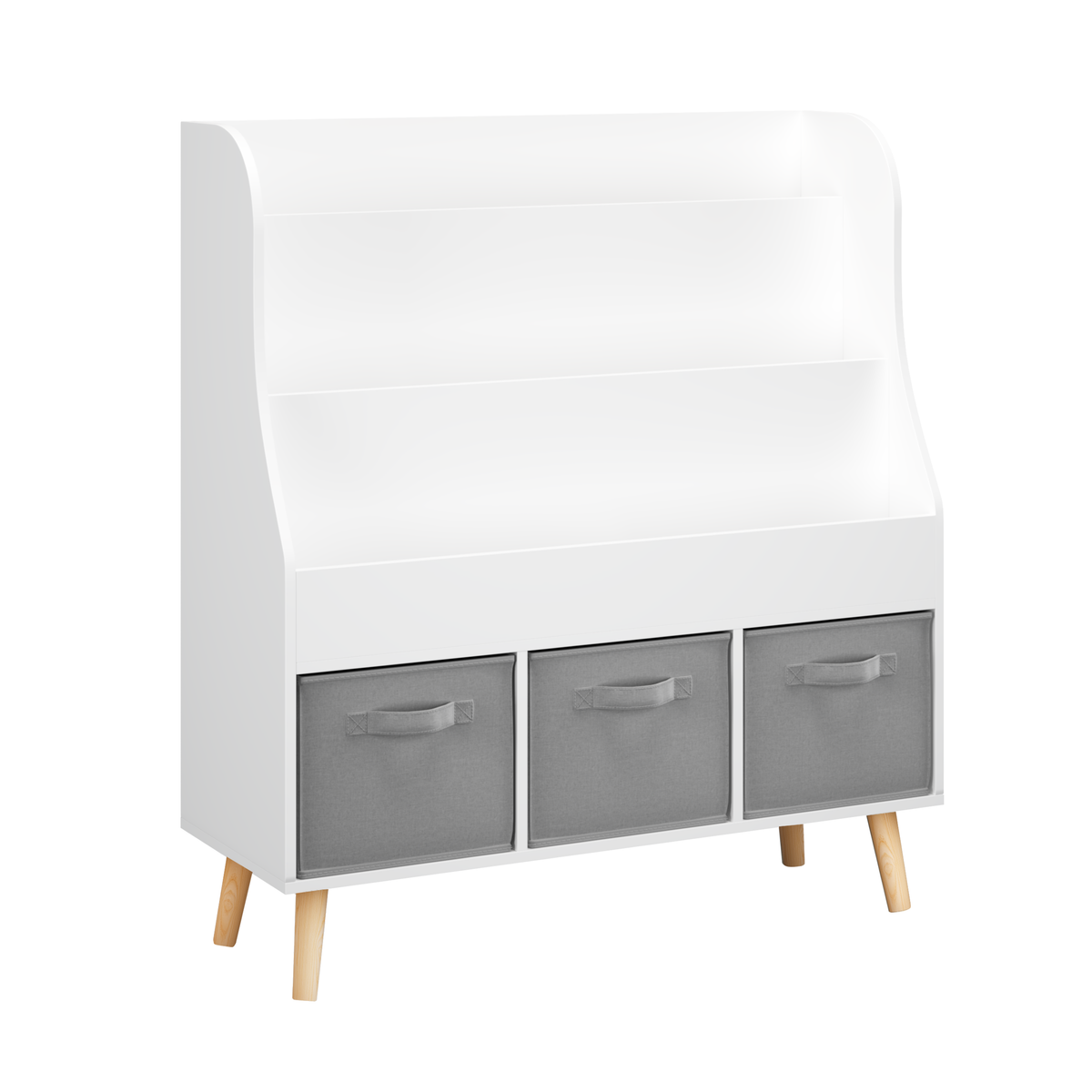 Kids Bookshelf with 3 Fabric Storage Bins, White Wooden Book Display Organizer for Toddlers and Children, Front-Facing Book Rack with Pine Legs for Playroom, Nursery, or Bedroom