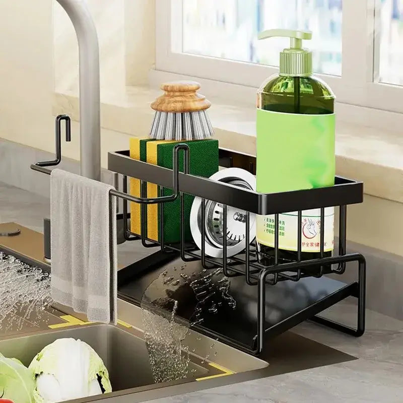 1-Pack Kitchen Sink Organizer Caddy - Metal Storage Rack with Drain Tray , Corner Smooth Design to Keep Sink Area Tidy & Dry - Nexvibe