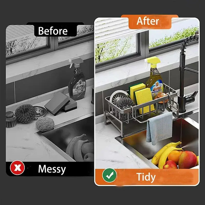 1-Pack Kitchen Sink Organizer Caddy - Metal Storage Rack with Drain Tray , Corner Smooth Design to Keep Sink Area Tidy & Dry - Nexvibe