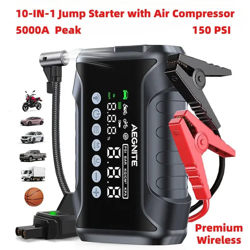 10-IN-1 Jump Starter with Air Compressor 5000A Portable Car Battery Booster (9.0 Gas/6.5L Diesel) with 150PSI