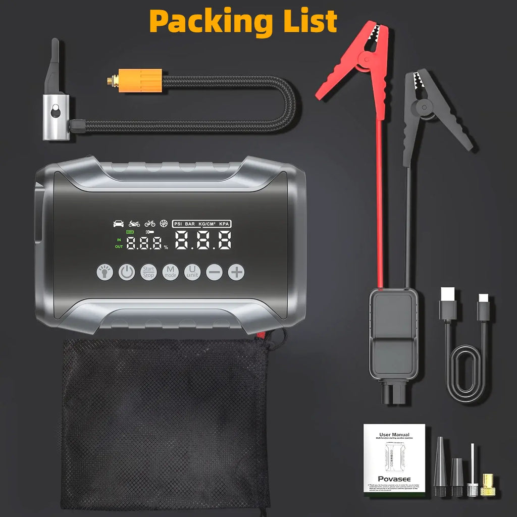 10-IN-1 Jump Starter with Air Compressor 5000A Portable Car Battery Booster (9.0 Gas/6.5L Diesel) with 150PSI