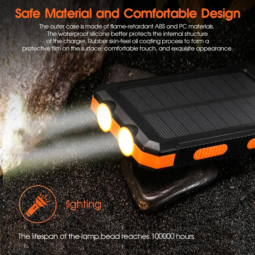 10000mAh Solar Charging Power Bank,Dual USB & Type C Output Port Multicharger Power Bank with Flashlight and Compass