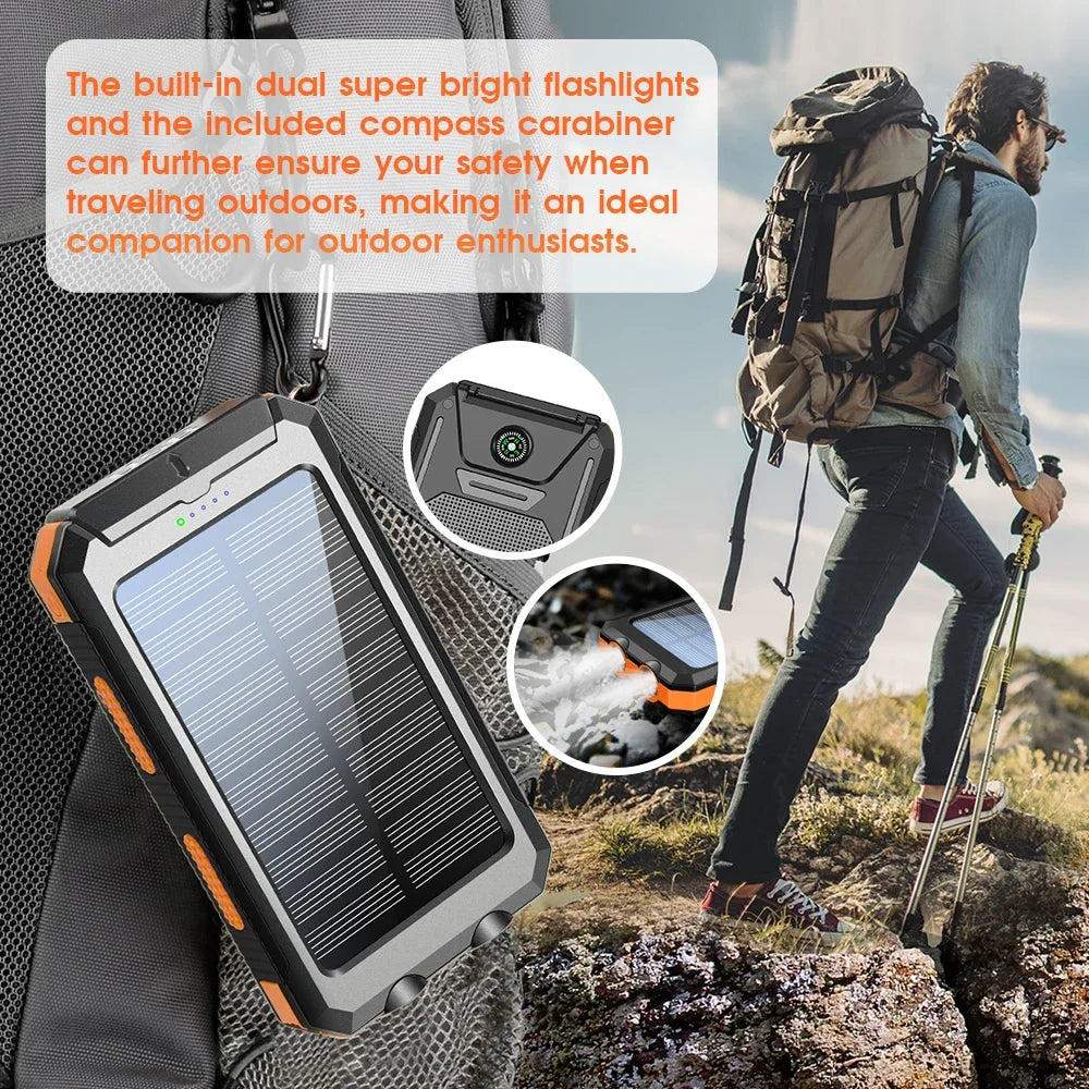 10000mAh Solar Charging Power Bank,Dual USB & Type C Output Port Multicharger Power Bank with Flashlight and Compass