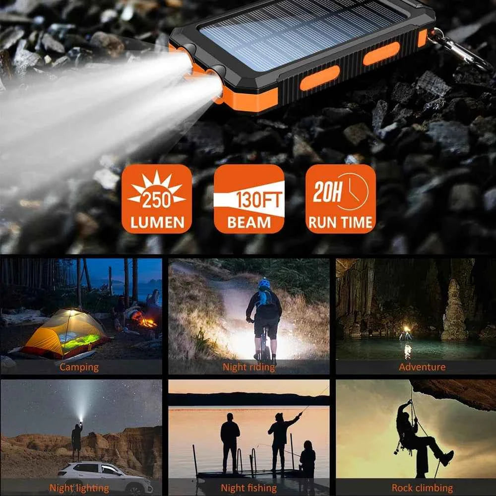 10000mAh Solar Charging Power Bank,Dual USB & Type C Output Port Multicharger Power Bank with Flashlight and Compass