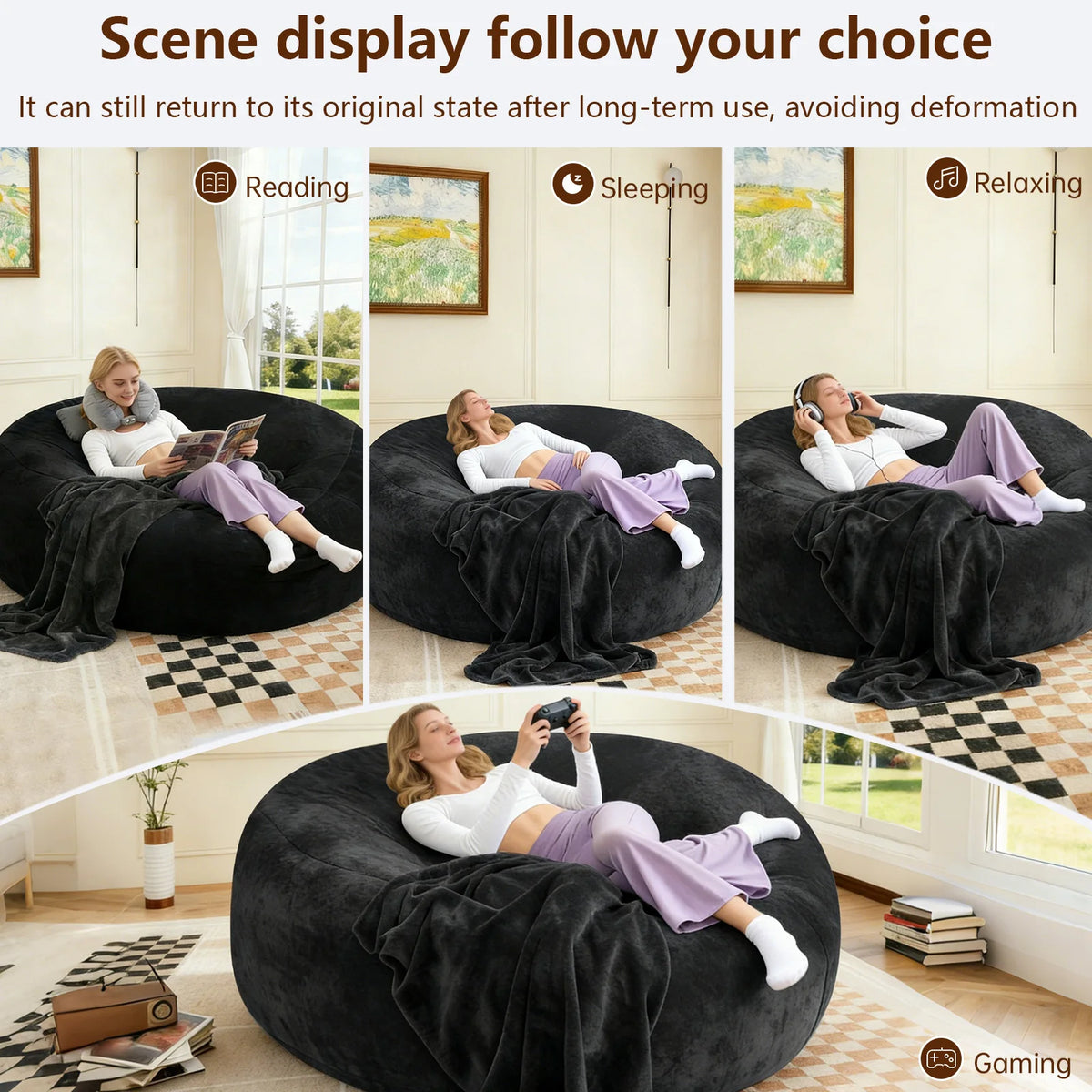 100CM×100CM×60CM adult beanbag chair with padded beanbag inside memory foam chair soft flannel washable cover ideal