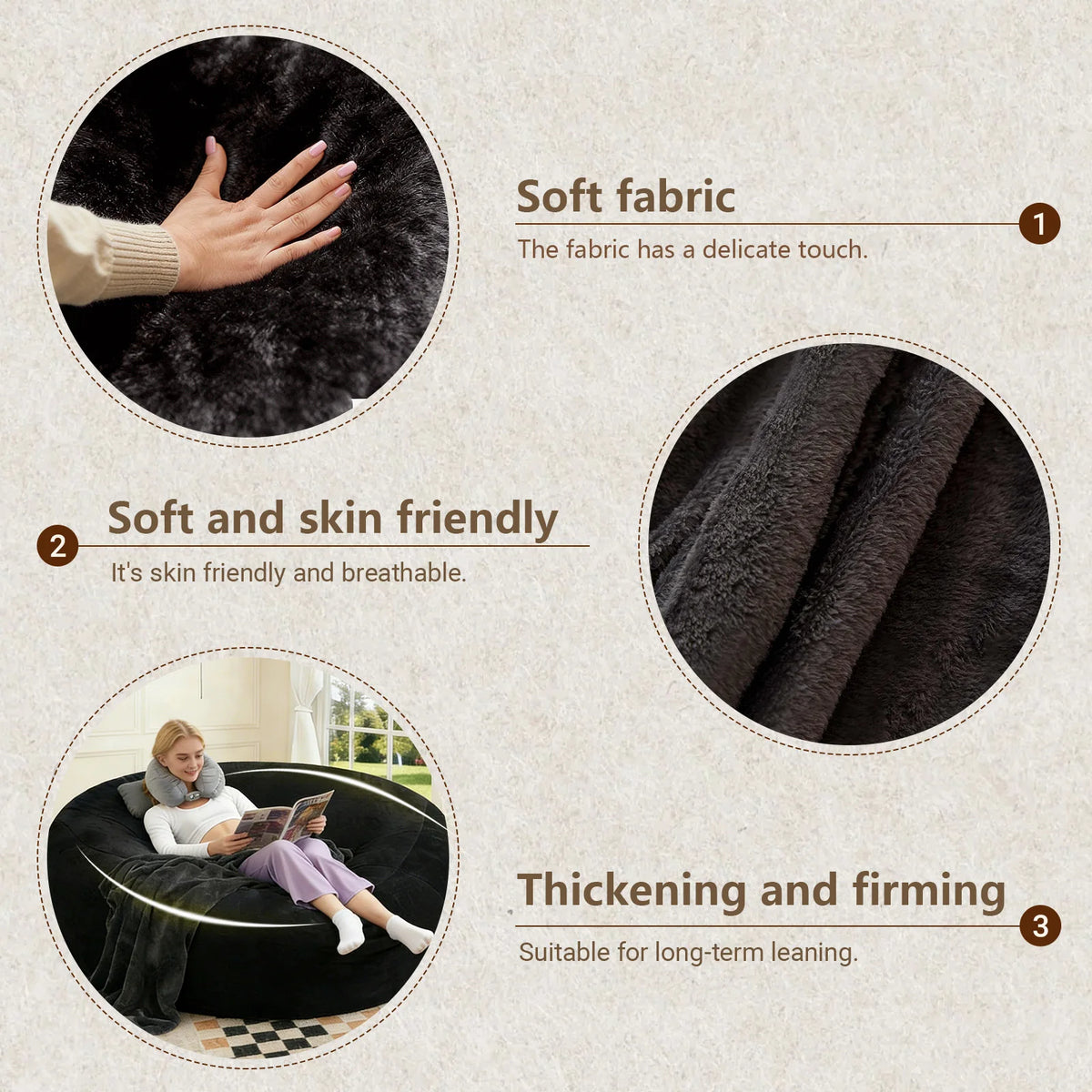100CM×100CM×60CM adult beanbag chair with padded beanbag inside memory foam chair soft flannel washable cover ideal