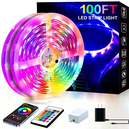 100FT Bluetooth LED Strip Lights RGB Color Changing Led Strip Lighting with 24-Key Remote and APP Control Music Sync