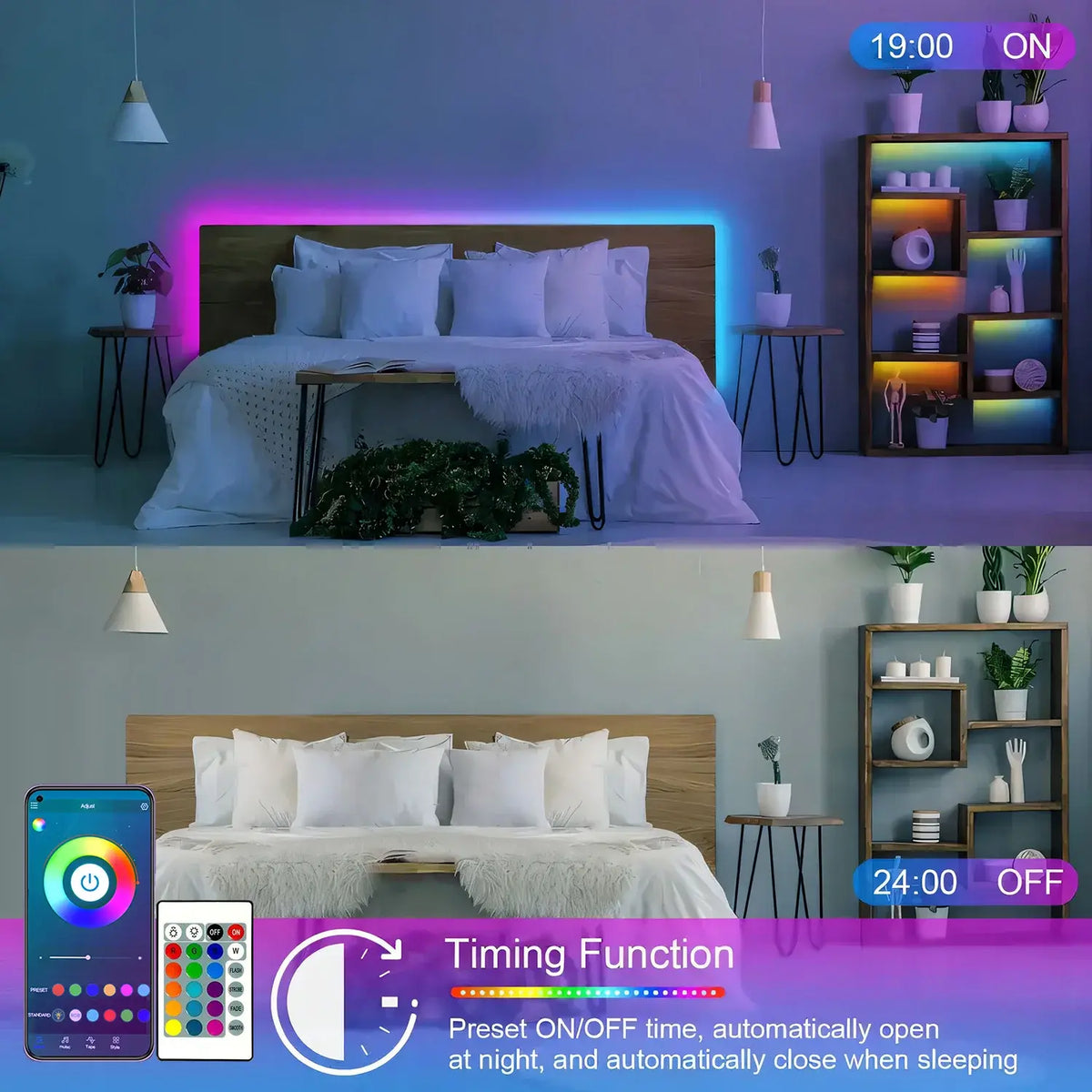 100FT Bluetooth LED Strip Lights RGB Color Changing Led Strip Lighting with 24-Key Remote and APP Control Music Sync