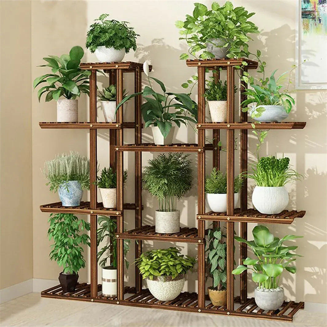 11 Tier Wood Plant Stand Carbonized High Widen Pot Display Shelf Holder Flower Shop Office Garden Indoor Outdoor Decor - Nexvibe