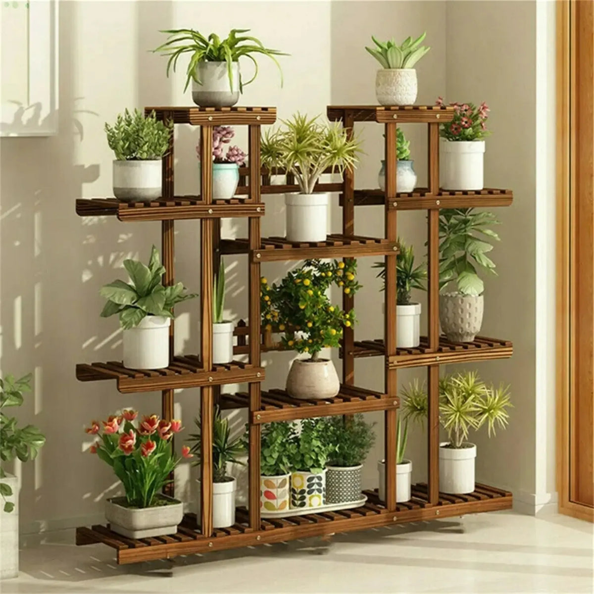 11 Tier Wood Plant Stand Carbonized High Widen Pot Display Shelf Holder Flower Shop Office Garden Indoor Outdoor Decor - Nexvibe