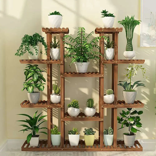 11 Tier Wood Plant Stand Carbonized High Widen Pot Display Shelf Holder Flower Shop Office Garden Indoor Outdoor Decor - Nexvibe