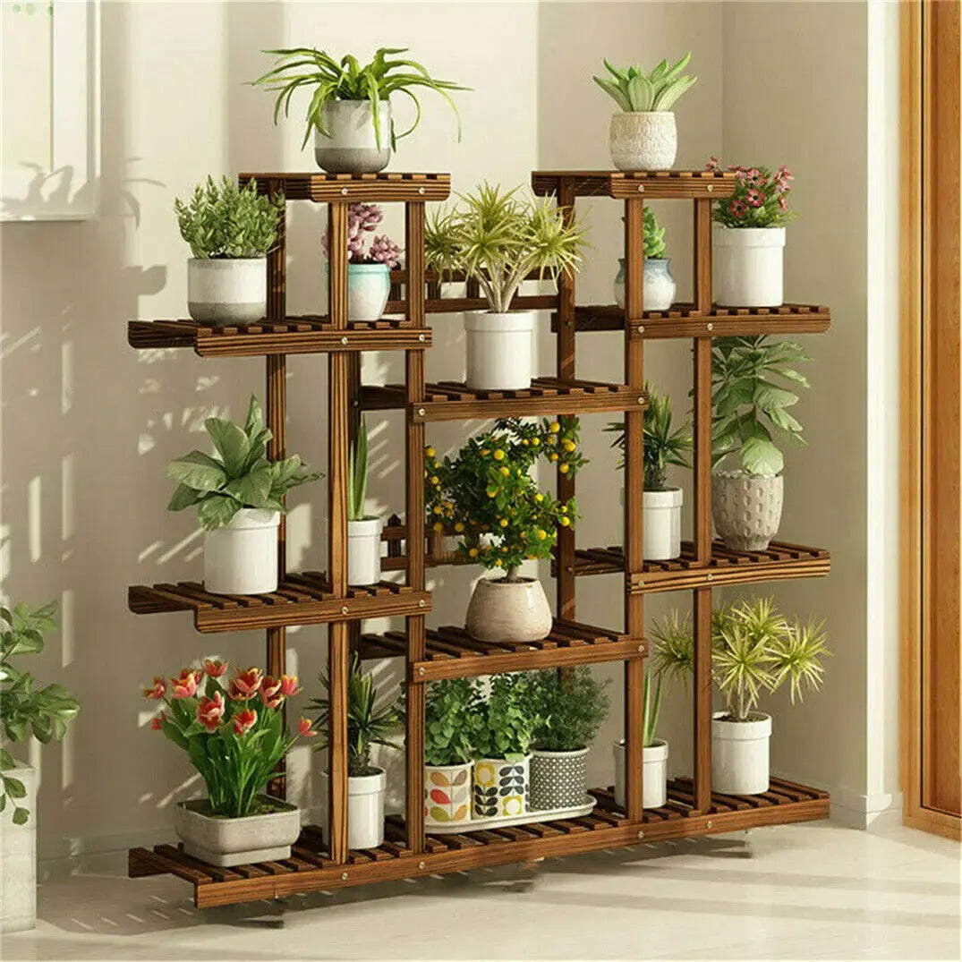 11 Tier Wood Plant Stand Carbonized High Widen Pot Display Shelf Holder Flower Shop Office Garden Indoor Outdoor Decor - Nexvibe