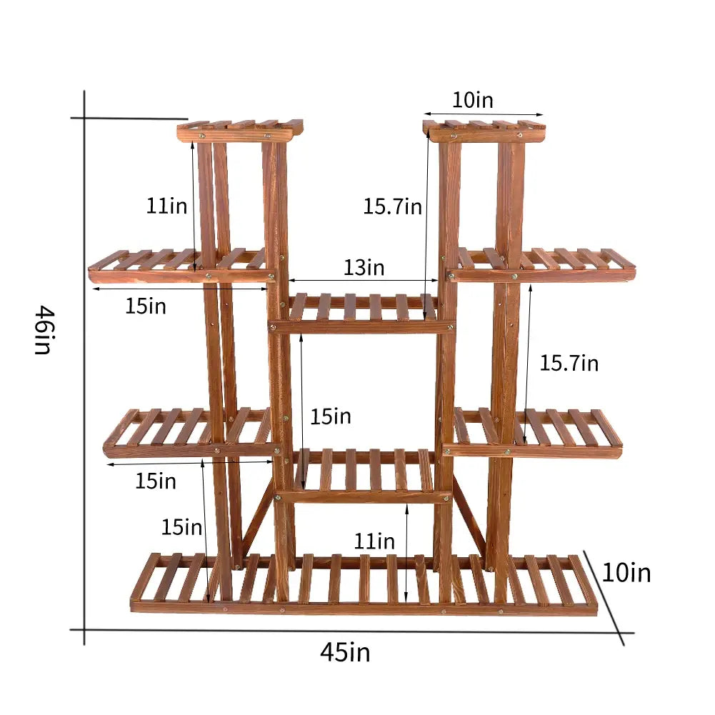 11 Tier Wood Plant Stand Carbonized High Widen Pot Display Shelf Holder Flower Shop Office Garden Indoor Outdoor Decor - Nexvibe
