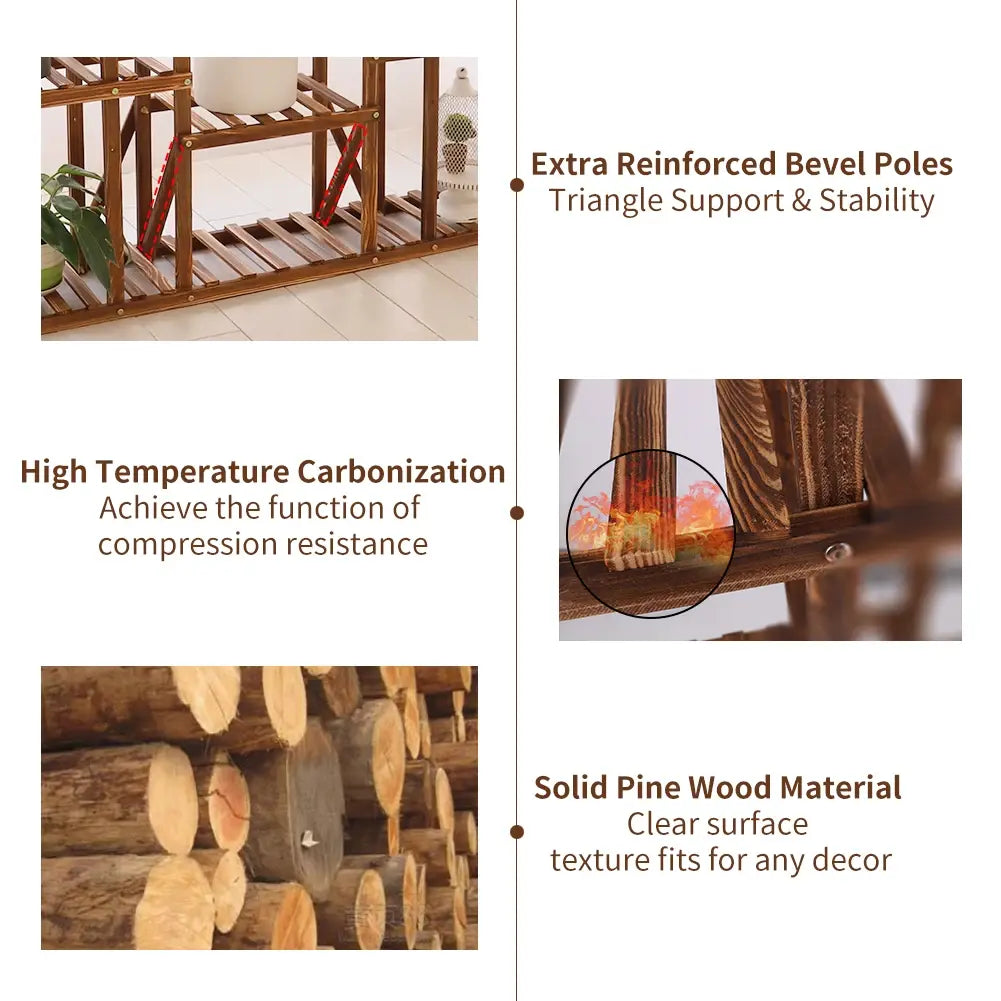 11 Tier Wood Plant Stand Carbonized High Widen Pot Display Shelf Holder Flower Shop Office Garden Indoor Outdoor Decor - Nexvibe