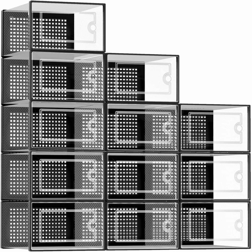 12-Pack Transparent Plastic Stackable Shoe Storage Boxes for Closet Linked Design Sports Shoe Organizers Foldable Shoe