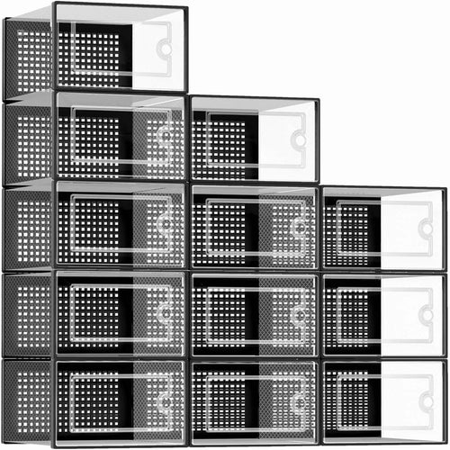 12-Pack Transparent Plastic Stackable Shoe Storage Boxes for Closet Linked Design Sports Shoe Organizers Foldable Shoe