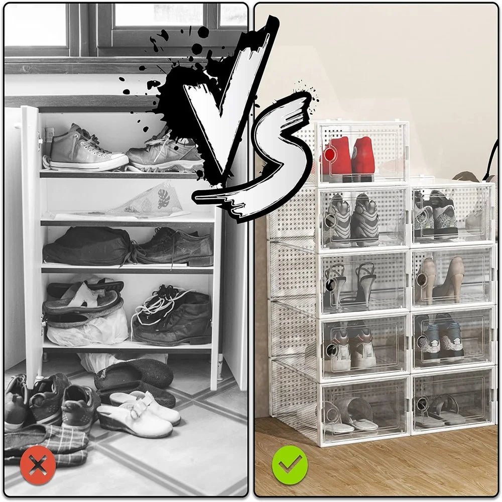 12-Pack Transparent Plastic Stackable Shoe Storage Boxes for Closet Linked Design Sports Shoe Organizers Foldable Shoe