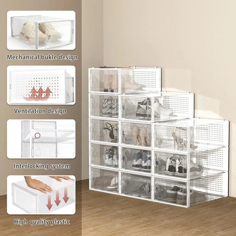 12-Pack Transparent Plastic Stackable Shoe Storage Boxes for Closet Linked Design Sports Shoe Organizers Foldable Shoe