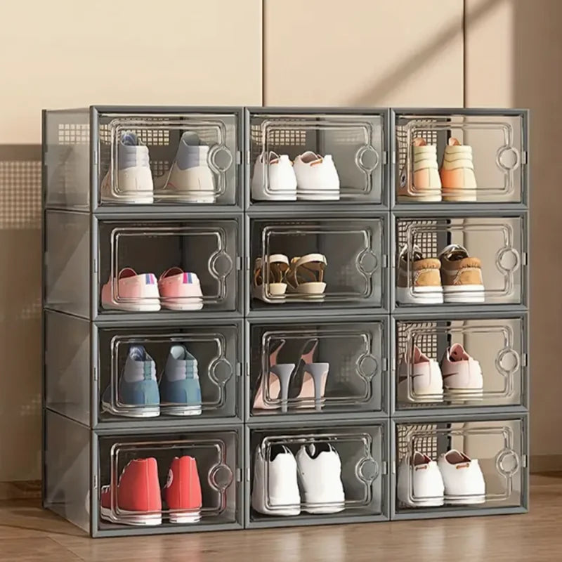 12-Pack Transparent Plastic Stackable Shoe Storage Boxes for Closet Linked Design Sports Shoe Organizers Foldable Shoe