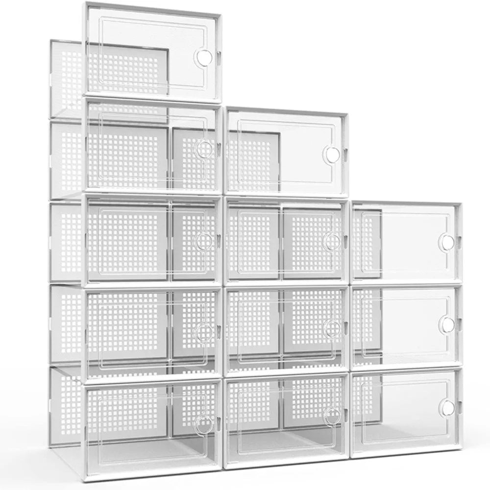 12-Pack Transparent Plastic Stackable Shoe Storage Boxes for Closet Linked Design Sports Shoe Organizers Foldable Shoe