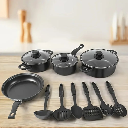 13-Piece Nonstick Cookware Set Black - Induction Compatible Pot Pan Set with Frying Pan & Utensils for Kitchen &