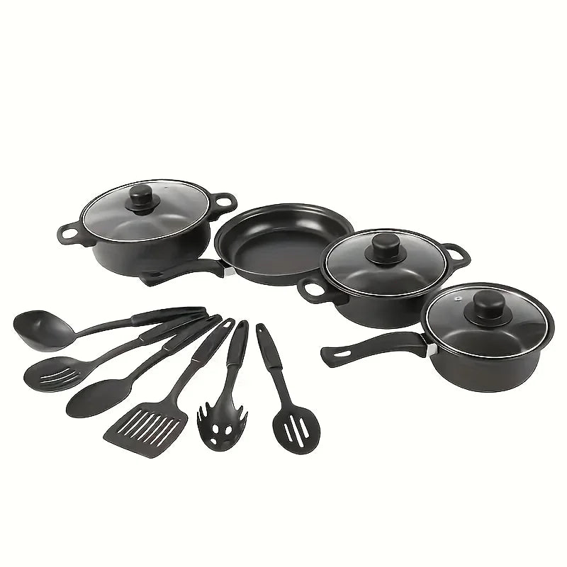 13-Piece Nonstick Cookware Set Black - Induction Compatible Pot Pan Set with Frying Pan & Utensils for Kitchen &
