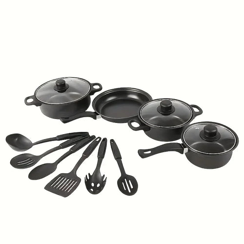 13-Piece Nonstick Cookware Set Black - Induction Compatible Pot Pan Set with Frying Pan & Utensils for Kitchen &