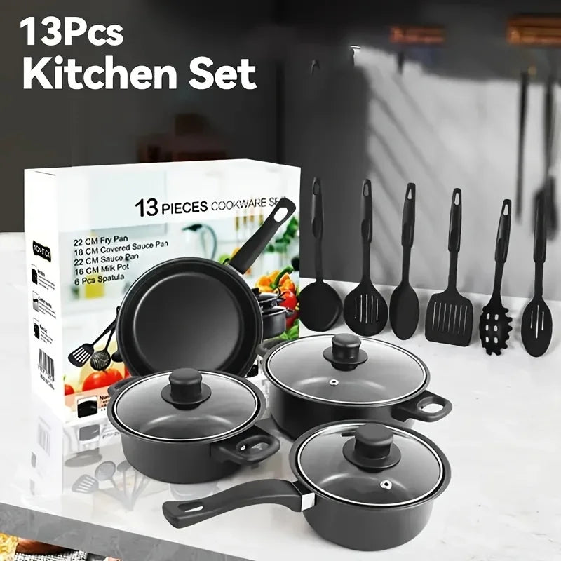 13-Piece Nonstick Cookware Set Black - Induction Compatible Pot Pan Set with Frying Pan & Utensils for Kitchen &