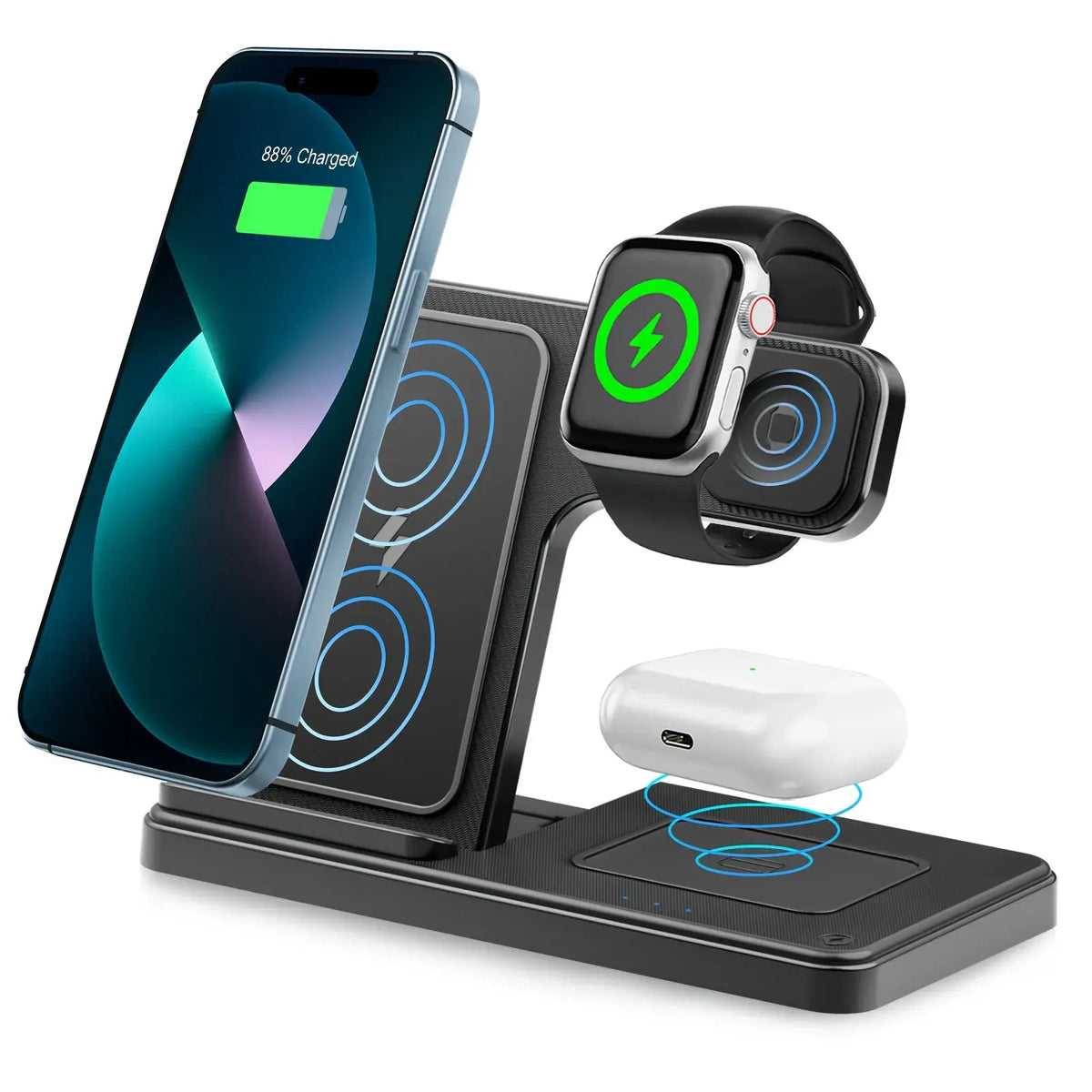 15W Magnetic Wireless Charger Stand Foldable 3 In 1 Fast Charging Sation for iPhone 17- 12 Pro Max Apple Watch 8 7 Airpods Pro - Nexvibe