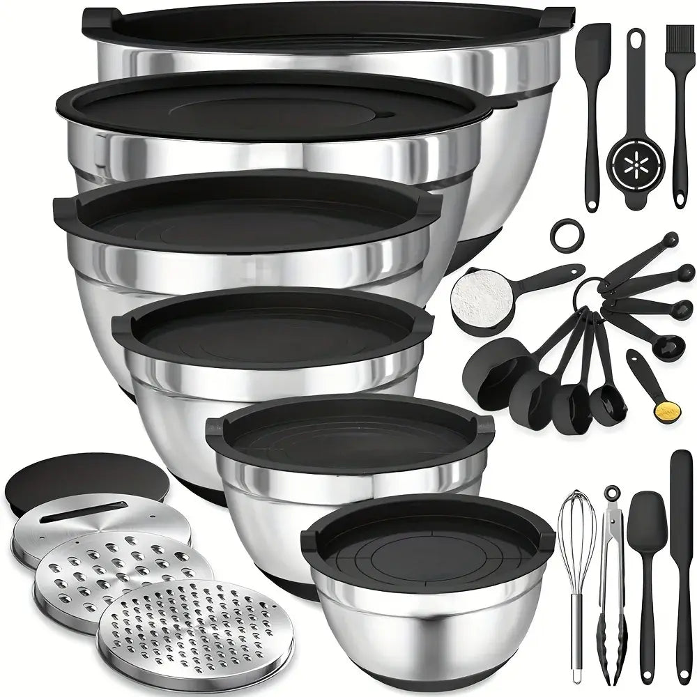 17pcs, Stainless Steel Mixing Bowl Set Mixing Bowls With Lids Grater Attachment, Non-Slip Kitchen Gadget Set, Mixing And Serving - Nexvibe