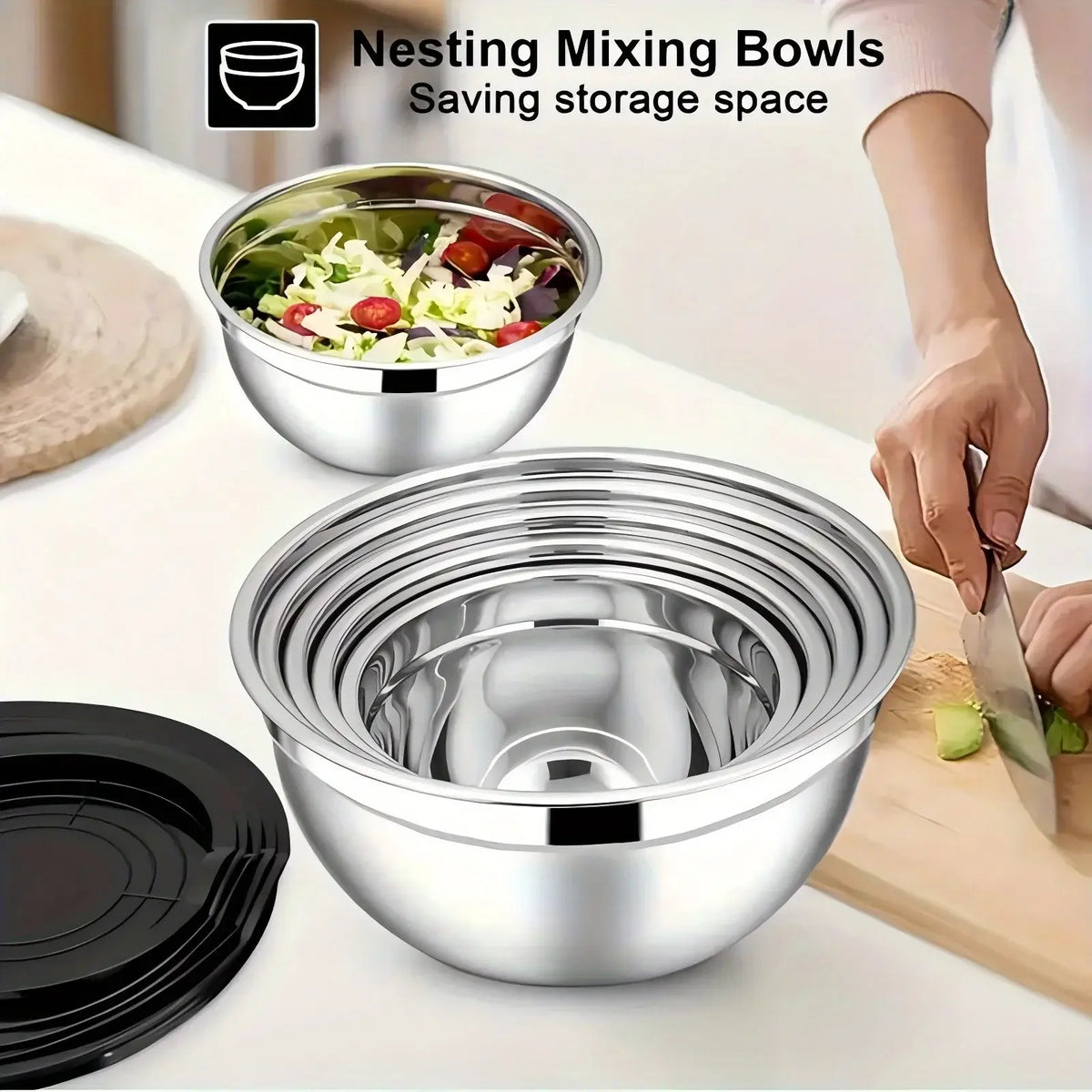 17pcs, Stainless Steel Mixing Bowl Set Mixing Bowls With Lids Grater Attachment, Non-Slip Kitchen Gadget Set, Mixing And Serving - Nexvibe