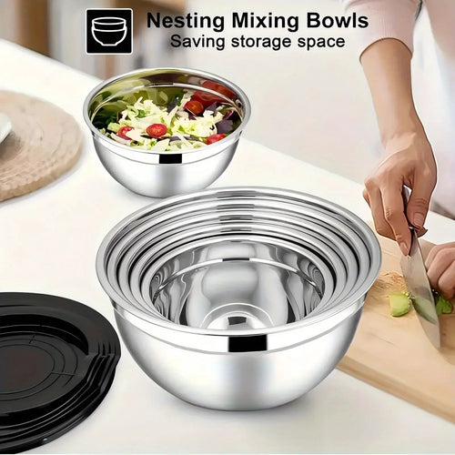 17pcs, Stainless Steel Mixing Bowl Set Mixing Bowls With Lids Grater Attachment, Non-Slip Kitchen Gadget Set, Mixing And Serving - Nexvibe
