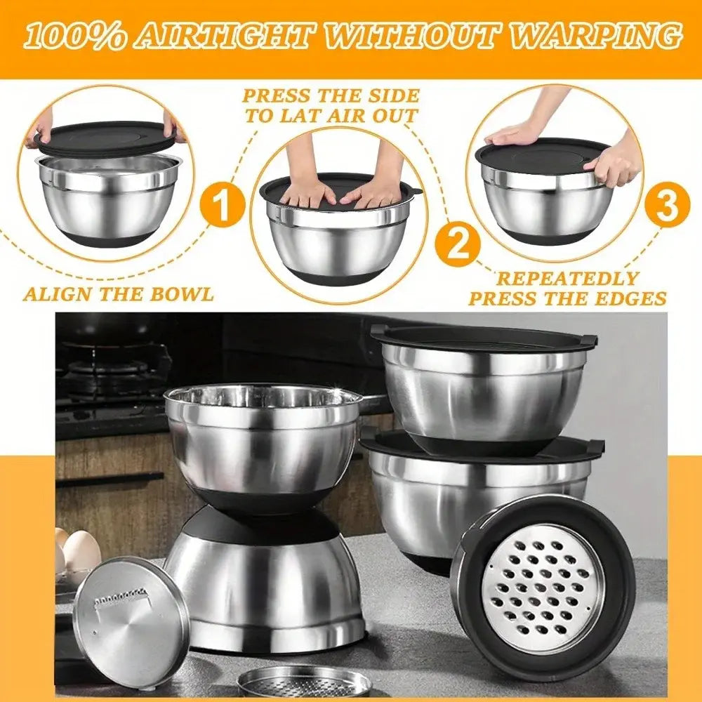 17pcs, Stainless Steel Mixing Bowl Set Mixing Bowls With Lids Grater Attachment, Non-Slip Kitchen Gadget Set, Mixing And Serving - Nexvibe