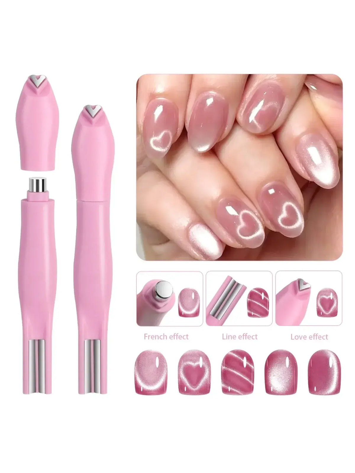 1Pcs 3-In-1 Heart Shape Cat Eye Nail Art Magnet Double Line Moon Snake French Magnet Pen for Magnetic Gel Polish Manicure Tools - Nexvibe