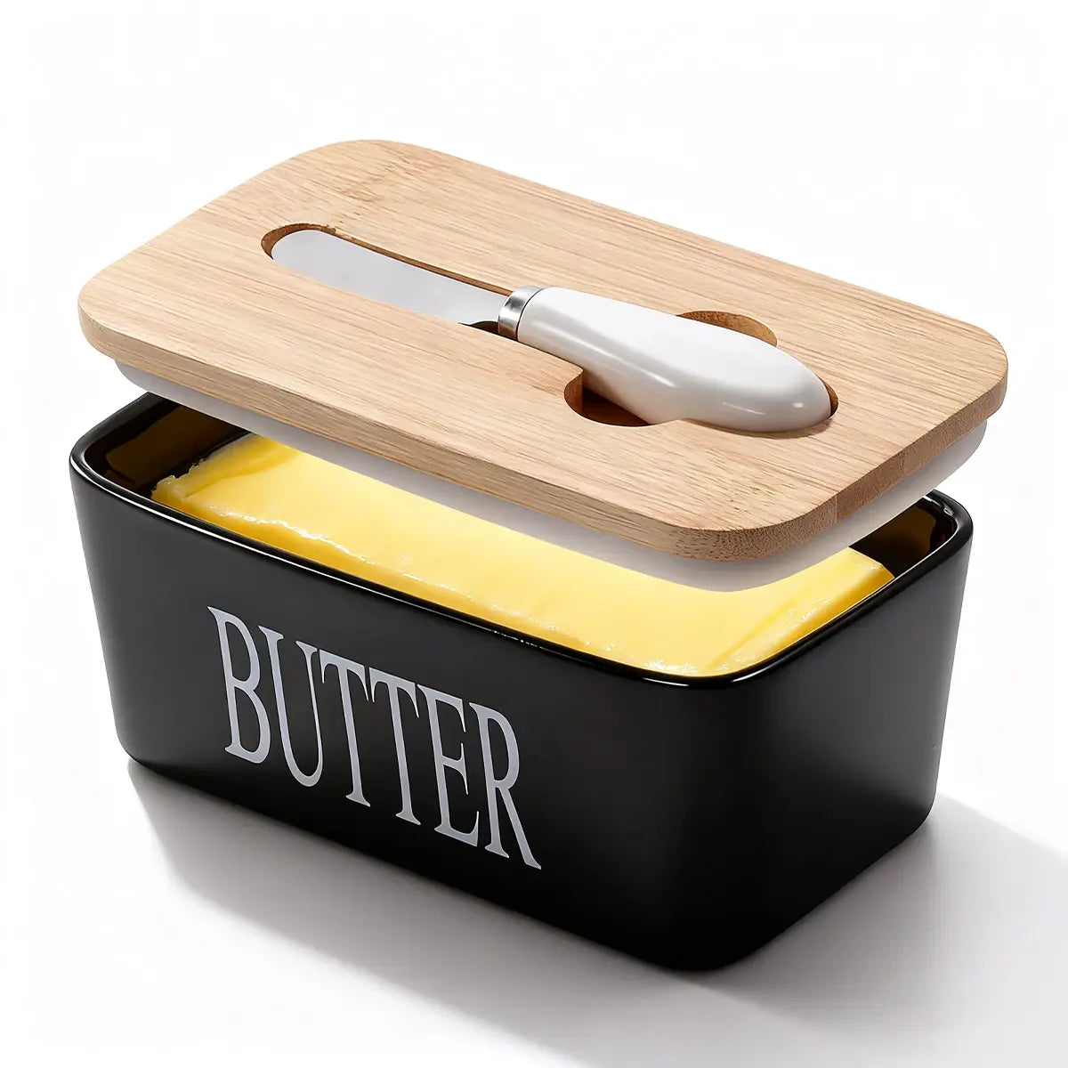 1 Set Of Ceramic Butter Dish With Bamboo Lid And Built-In Knife Butter Keeper With Double Silicone Sealing Ring Kitchen - Nexvibe