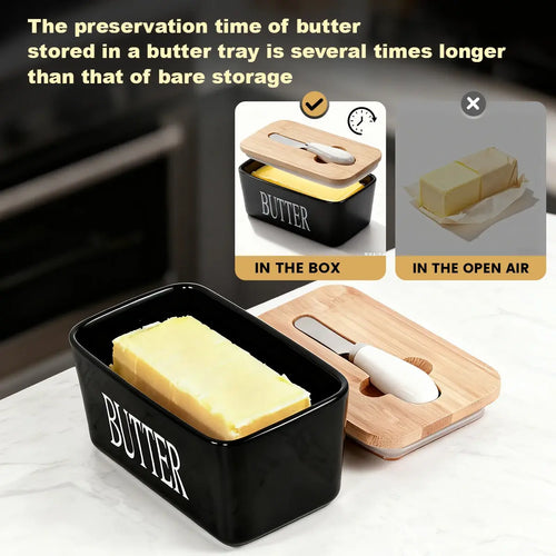 1 Set Of Ceramic Butter Dish With Bamboo Lid And Built-In Knife Butter Keeper With Double Silicone Sealing Ring Kitchen - Nexvibe