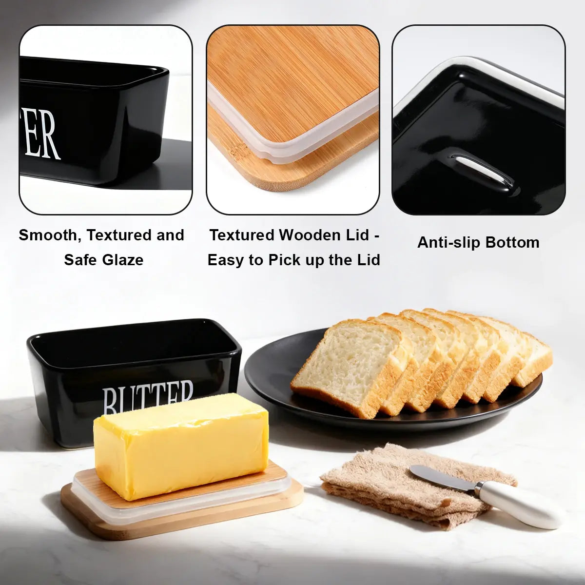 1 Set Of Ceramic Butter Dish With Bamboo Lid And Built-In Knife Butter Keeper With Double Silicone Sealing Ring Kitchen - Nexvibe