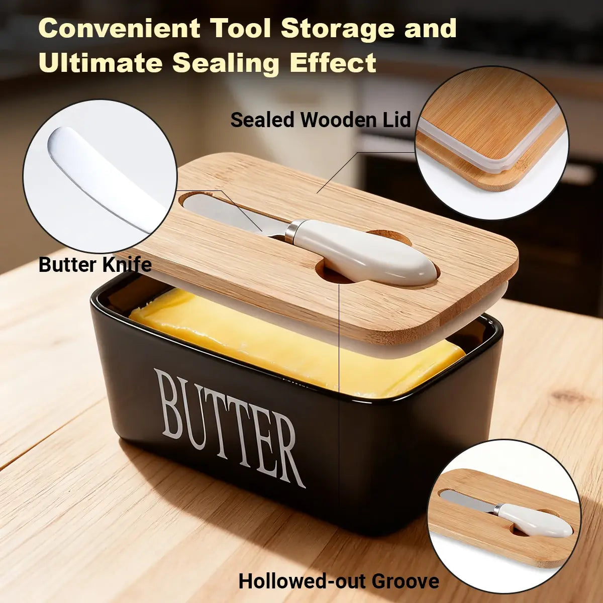 1 Set Of Ceramic Butter Dish With Bamboo Lid And Built-In Knife Butter Keeper With Double Silicone Sealing Ring Kitchen - Nexvibe