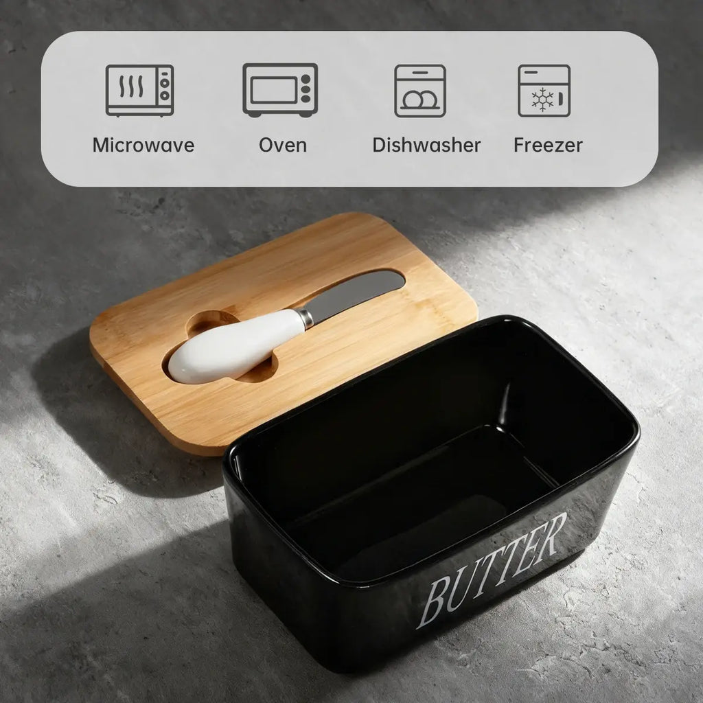 1 Set Of Ceramic Butter Dish With Bamboo Lid And Built-In Knife Butter Keeper With Double Silicone Sealing Ring Kitchen - Nexvibe