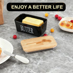 1 Set Of Ceramic Butter Dish With Bamboo Lid And Built-In Knife Butter Keeper With Double Silicone Sealing Ring Kitchen - Nexvibe