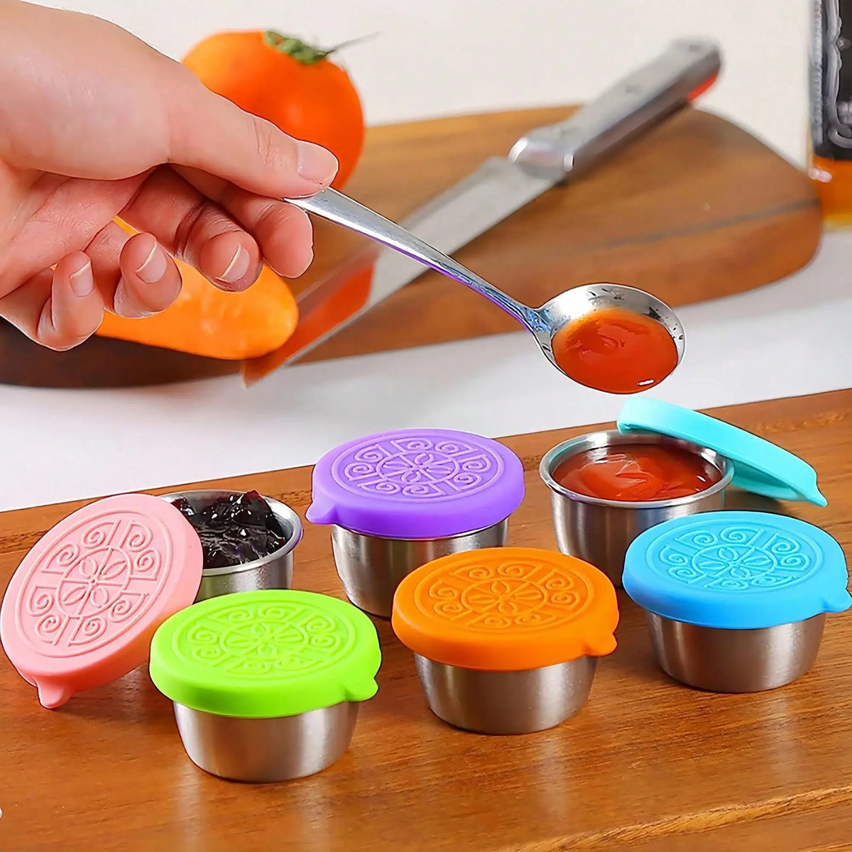 1 stainless steel dipping sauce cup, seasoning dish with leak-proof silicone lid, reusable salad dressing food container - Nexvibe
