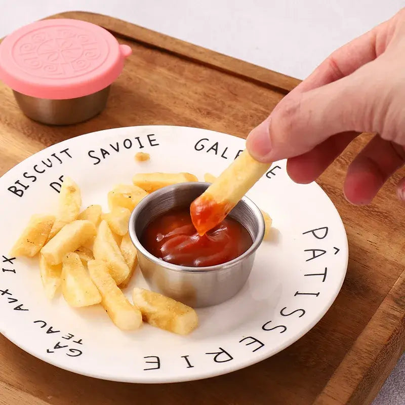 1 stainless steel dipping sauce cup, seasoning dish with leak-proof silicone lid, reusable salad dressing food container - Nexvibe