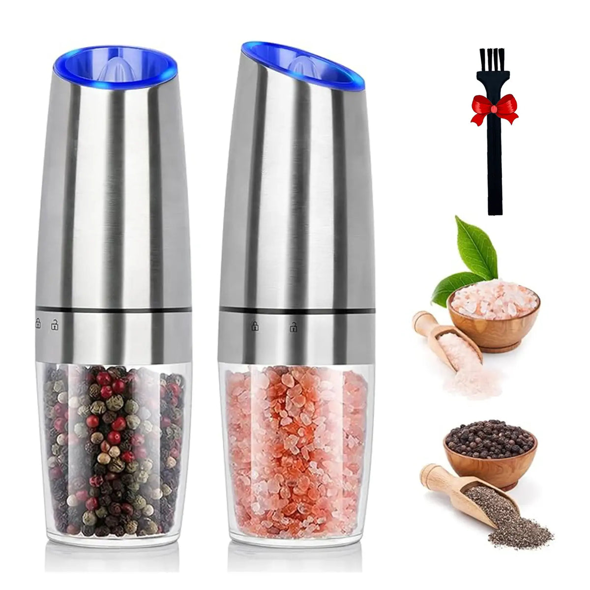 1pc/2pcs, Gravity Electric Salt And Pepper Grinder - Salt & Pepper Mill Sets With LED Light, One Hand Automatic Operation, Adjus - Nexvibe