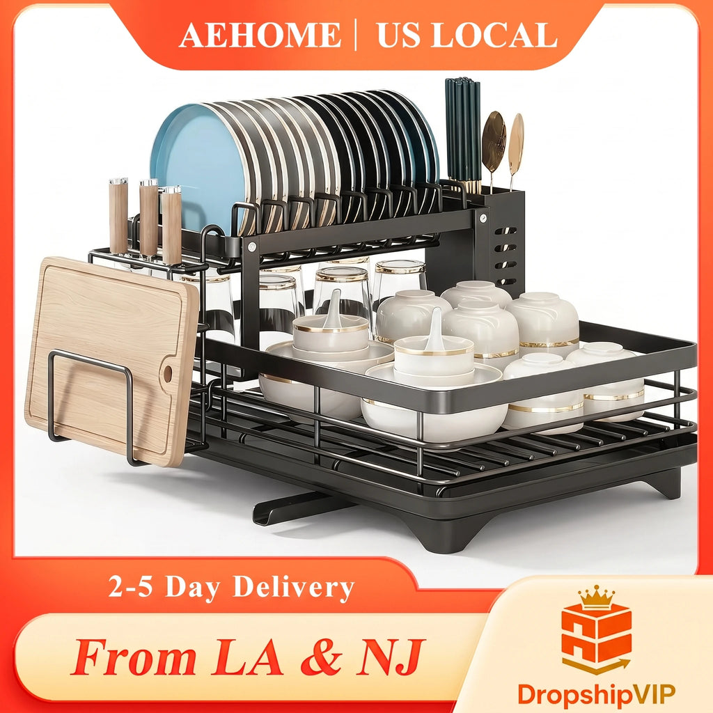 2-Tier Expandable Dish Drying Rack Metal Kitchen Dish Rack and Drainboard Set with Knife Fork Holder & Cutting Board