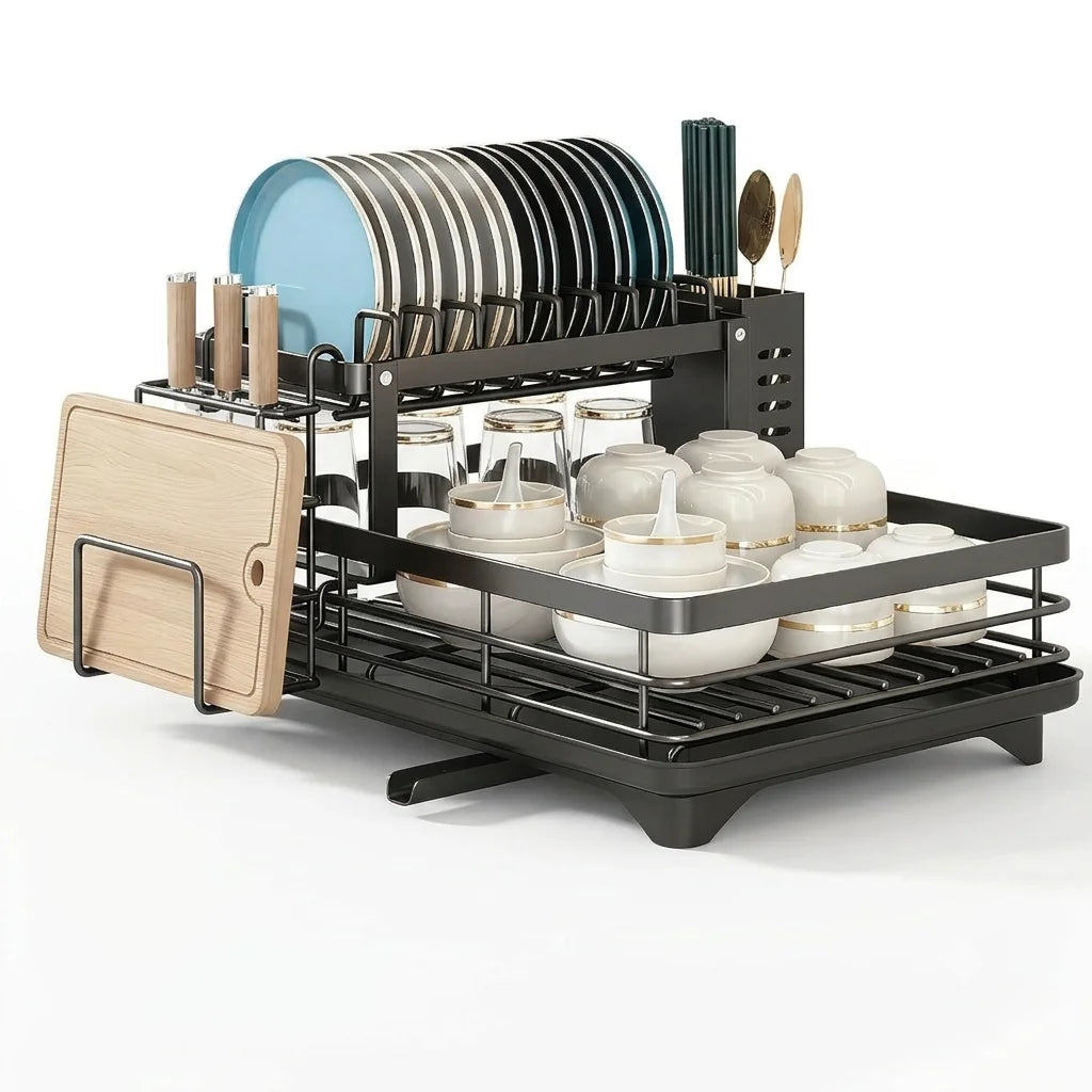 2-Tier Expandable Dish Drying Rack Metal Kitchen Dish Rack and Drainboard Set with Knife Fork Holder & Cutting Board