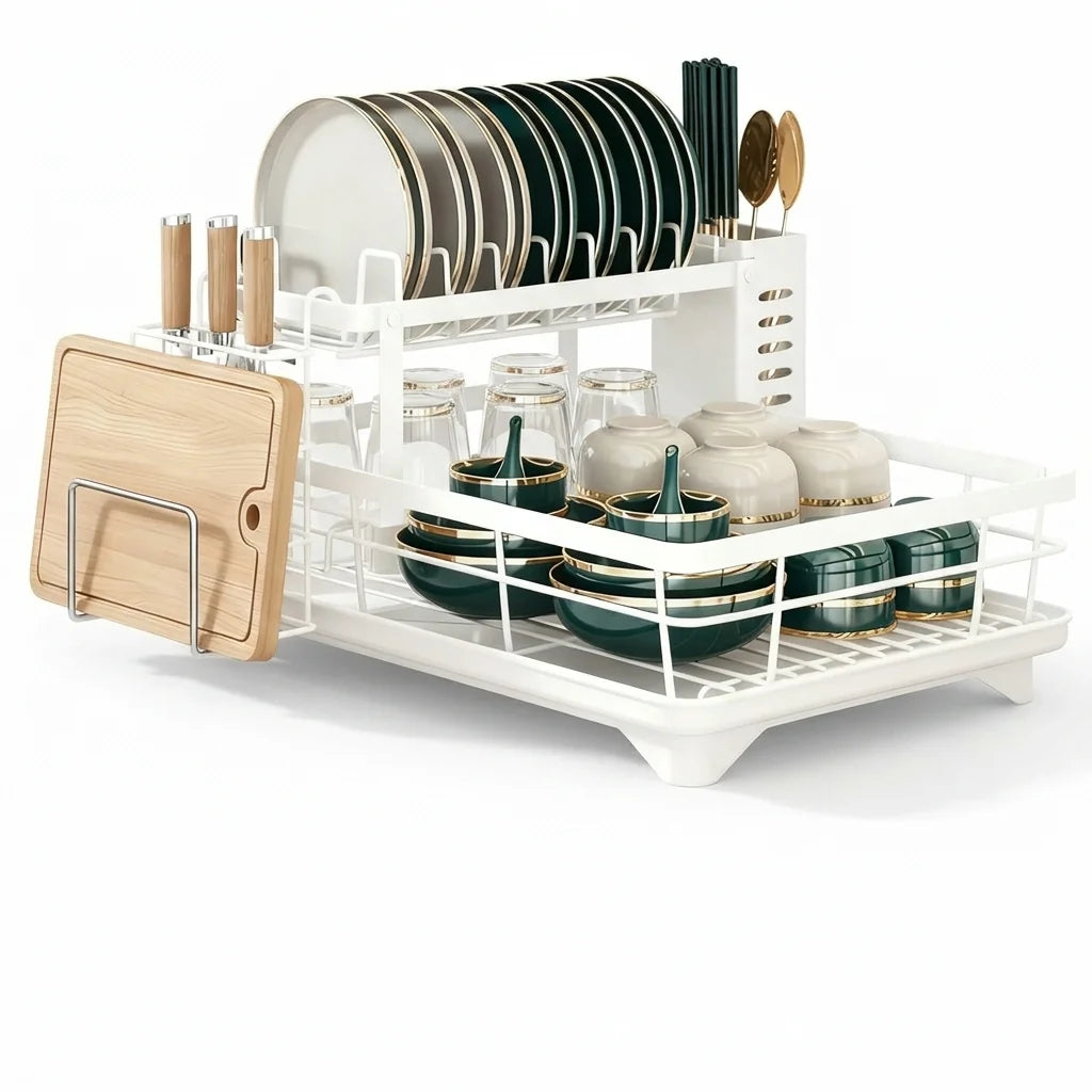 2-Tier Expandable Dish Drying Rack Metal Kitchen Dish Rack and Drainboard Set with Knife Fork Holder & Cutting Board