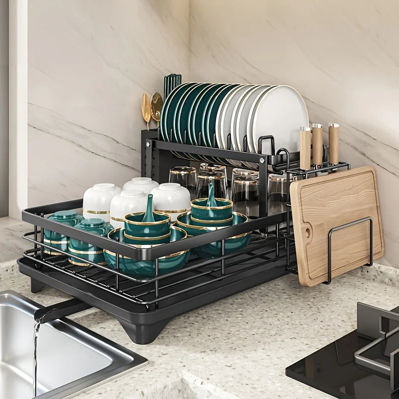 2-Tier Expandable Dish Drying Rack Metal Kitchen Dish Rack and Drainboard Set with Knife Fork Holder & Cutting Board