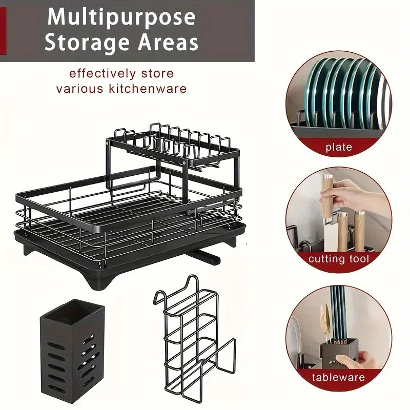 2-Tier Expandable Dish Drying Rack Metal Kitchen Dish Rack and Drainboard Set with Knife Fork Holder & Cutting Board