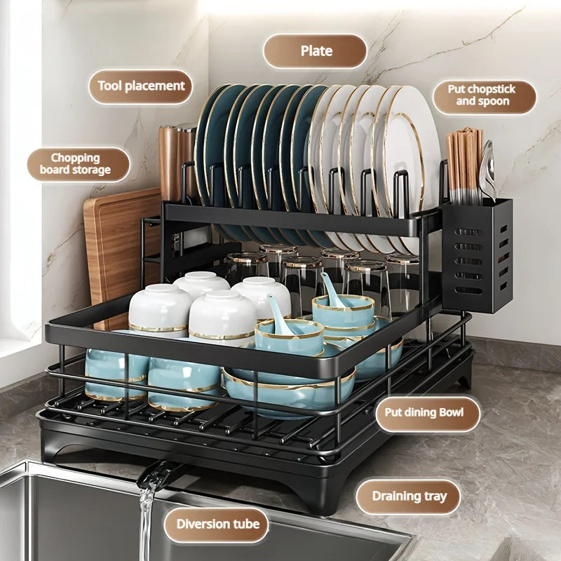 2-Tier Expandable Dish Drying Rack Metal Kitchen Dish Rack and Drainboard Set with Knife Fork Holder & Cutting Board